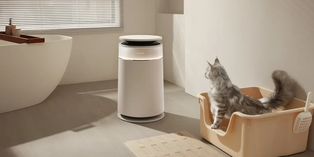 Dreame FP10 accanto a un gatto e alla lettiera