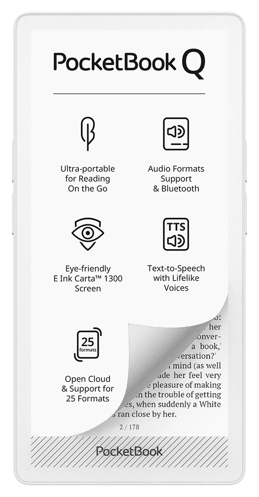 PocketBook Q visto in prospettiva con display E Ink