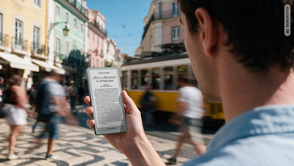 PocketBook Q e-reader tascabile utilizzato con una mano