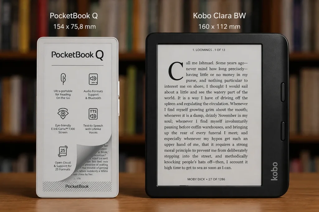 PocketBook Q e Kobo Clara BW a confronto per dimensioni e larghezza