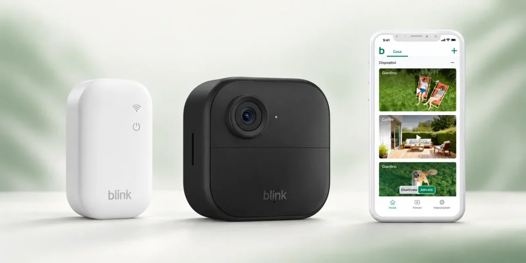 Blink Outdoor 4 con Sync Module Core e applicazione Blink su smartphone