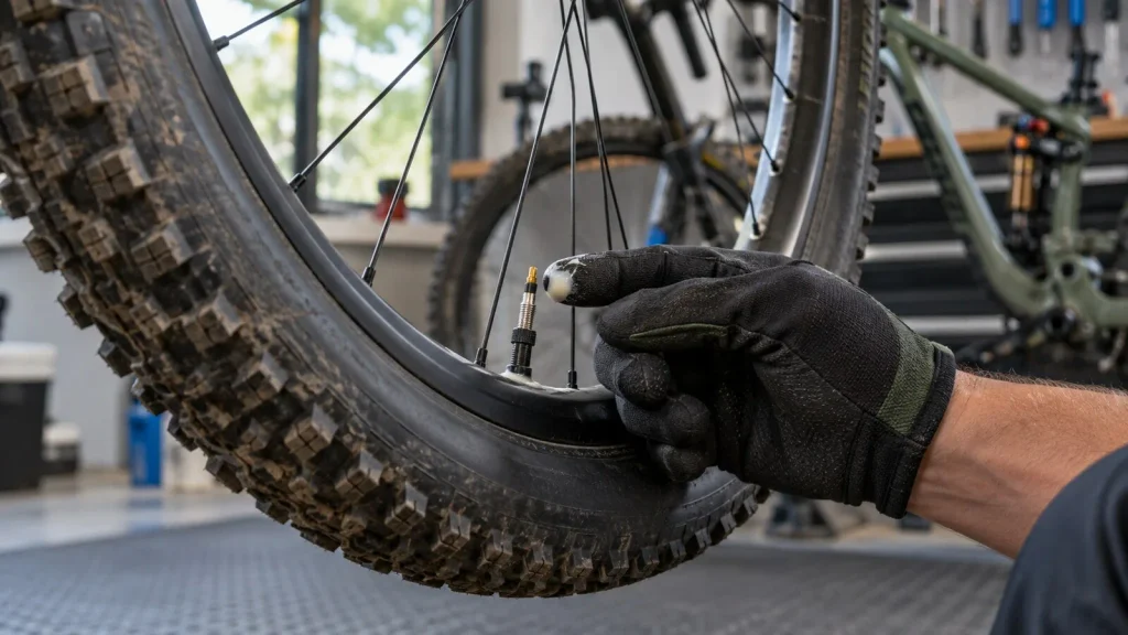 Controllo del lattice tubeless su una ruota MTB