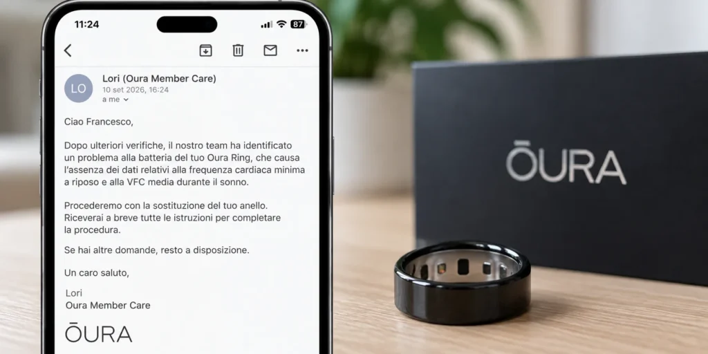 Assistenza Oura conferma un problema alla batteria con FC minima e VFC media mancanti
