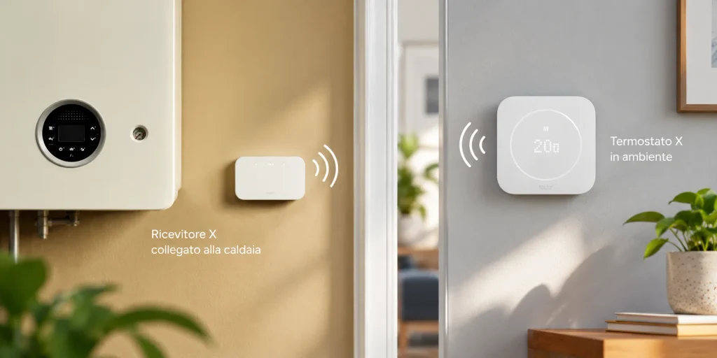Tado X Wireless con ricevitore collegato alla caldaia e termostato in ambiente
