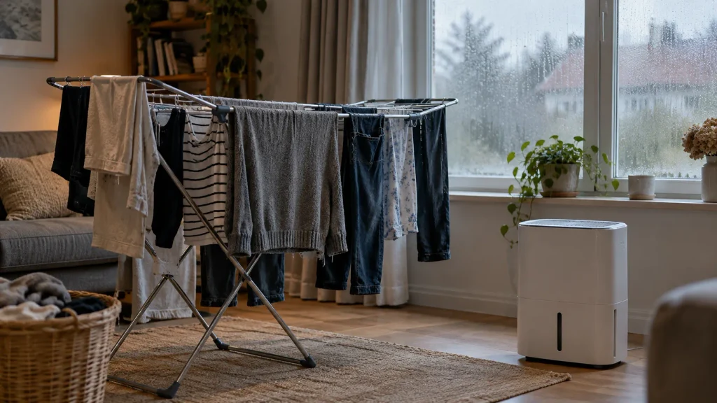 Deumidificatore per asciugare il bucato accanto allo stendino in casa