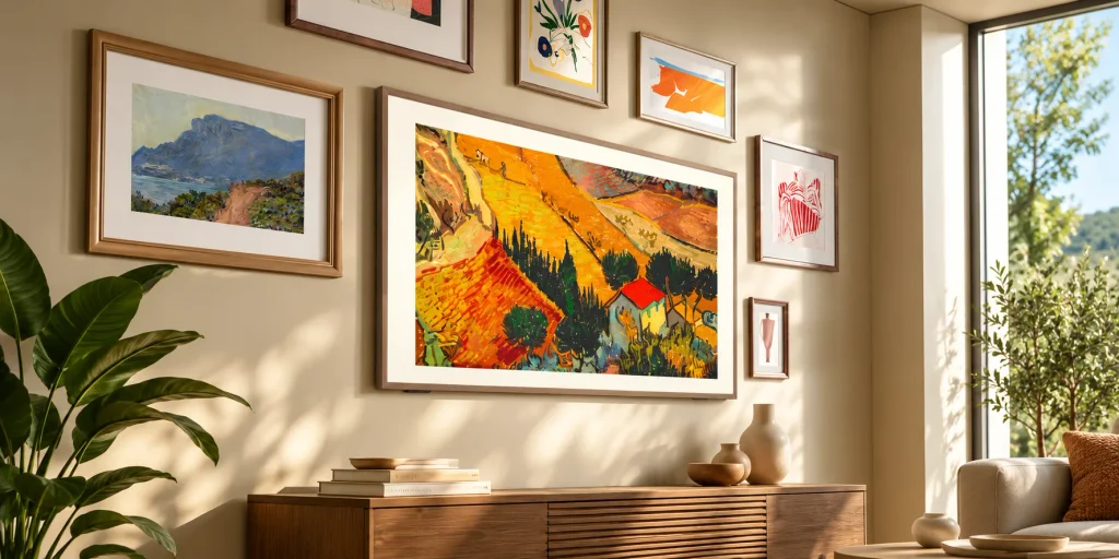 Hisense CanvasTV S7S in modalità Art Gallery, integrata tra i quadri di un soggiorno luminoso